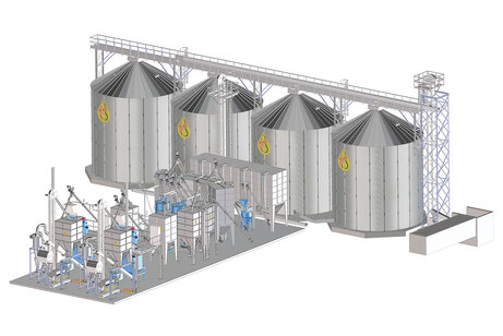 Комплексная установка с открытыми силосами для зерна, конвейерной технологией, полностью автоматической системой измельчения и смешивания с гранулированием и упаковкой в мешки, производительностью около 2 т/ч